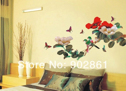 Купить Виниловая Наклейка на стену: Цветы, Птицы, бабочки, Увеличить фото, Разрешение: 627x452px